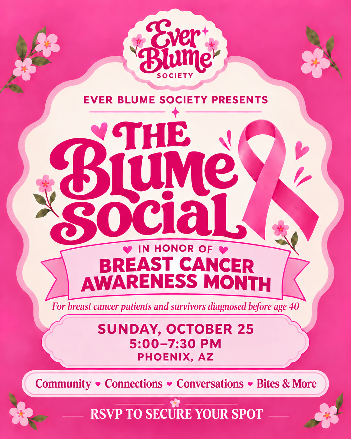 The Blume Social flyer, October 25, 5 to 7:30 PM in Phoenix, honoring Breast Cancer Awareness Month